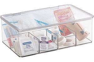 mDesign Plastic First Aid Kit Storage Box with Clear Top Lid for Bathroom, Kitchen, Cabinet, Closet, Drawer - Organizes Medicine, Ointments, Adhesive Bandages, Dental, 8 Divided Sections - Clear