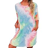 MOUSYA Women Tie Dye Dress Short Sleeve T Shirt Dress Summer Casual Loose Mini Dress with Pockets
