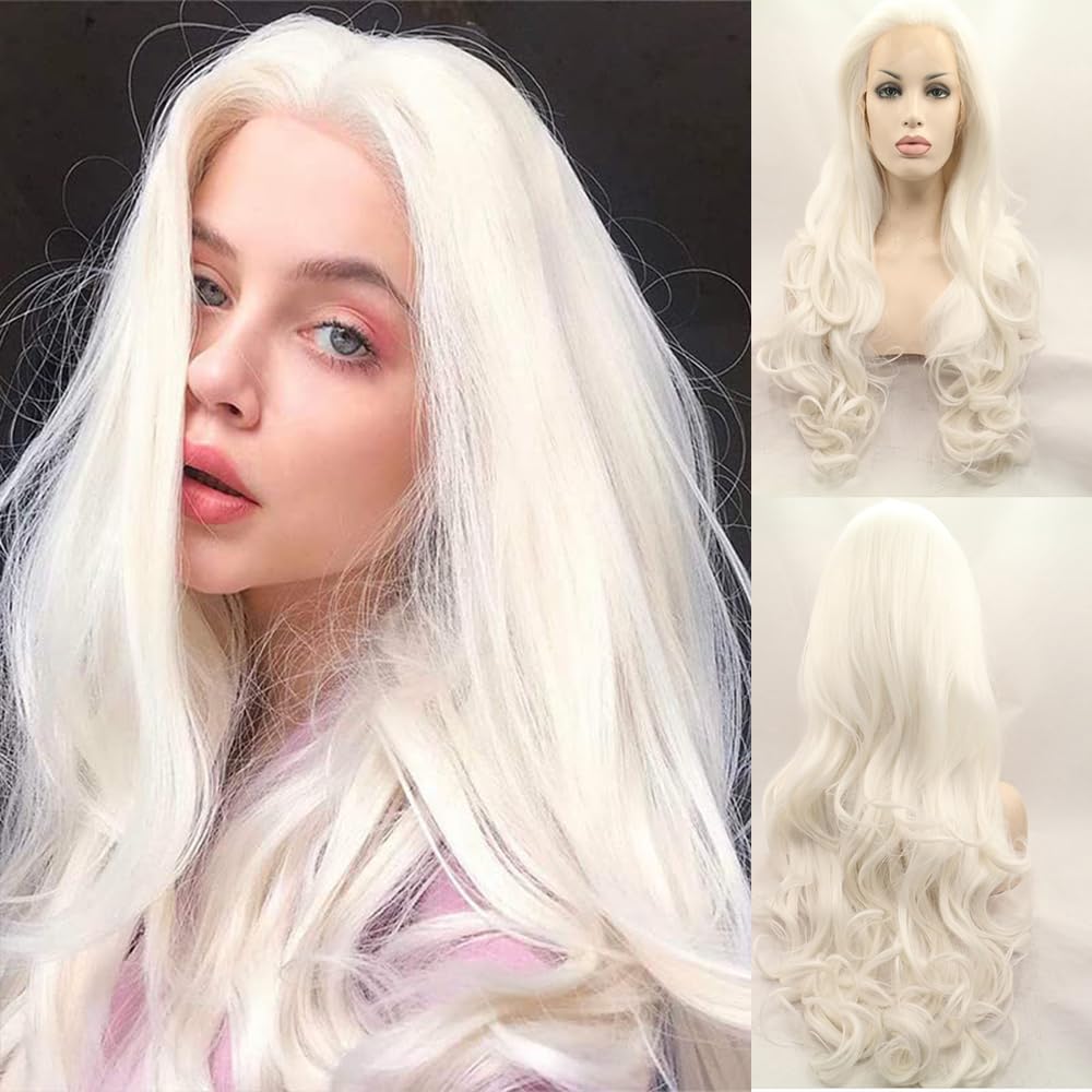 xiweiya 60# Platinum Blonde Lace Front Wig Long White Blonde Wavy Synthetic Lace Front Wig White Wig Heat Resistant Fiber 13x3 Lace Frontal Wig for Woman Drag Queen 24inch — image 1