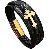 TIMFROZ Mens Leather Cross Bracelet Multi-Layer Braided Faith Bracelet Religious Wristband Father's Day Birthday Jewelry Gifts for Men 8.5" Stainless Steel Buckle Bangle