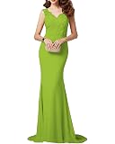 Women's Mermaid Evening Dress - Double V Neck Satin Formal Gown With Train, Prom & Party