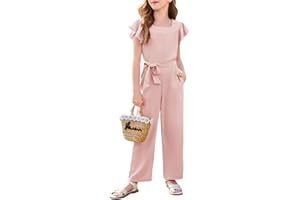 Haloumoning Girls Jumpsuit Kids Fashion Square Neck Ruffle Sleeve Belted Wide Leg Romper with Pockets