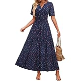 ZESICA Women's 2026 Summer Spring Floral Boho Maxi Dresses Casual Short Sleeve V Neck A Line Flowy Beach Vacation Dress