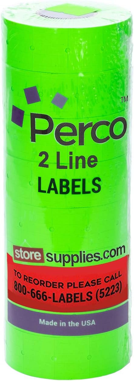 Fluorescent Green Perco Labels for Perco 2 Line Labeler Gun - 1 Sleeve, 6, 000 Labels - with Bonus Ink Roll : Office Products