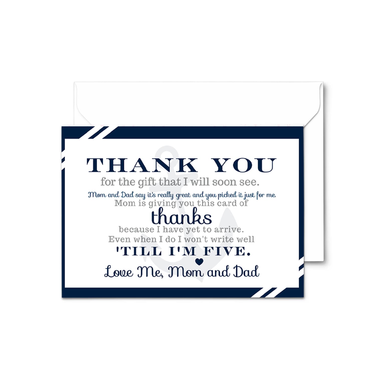 Nautical Baby Shower Thank You Cards with Envelopes (25 Pack) Preprinted Message from Baby Boys with Customizable Space for Handwritten Note from New Parents, 4x6 Double-Sided Card Navy Blue