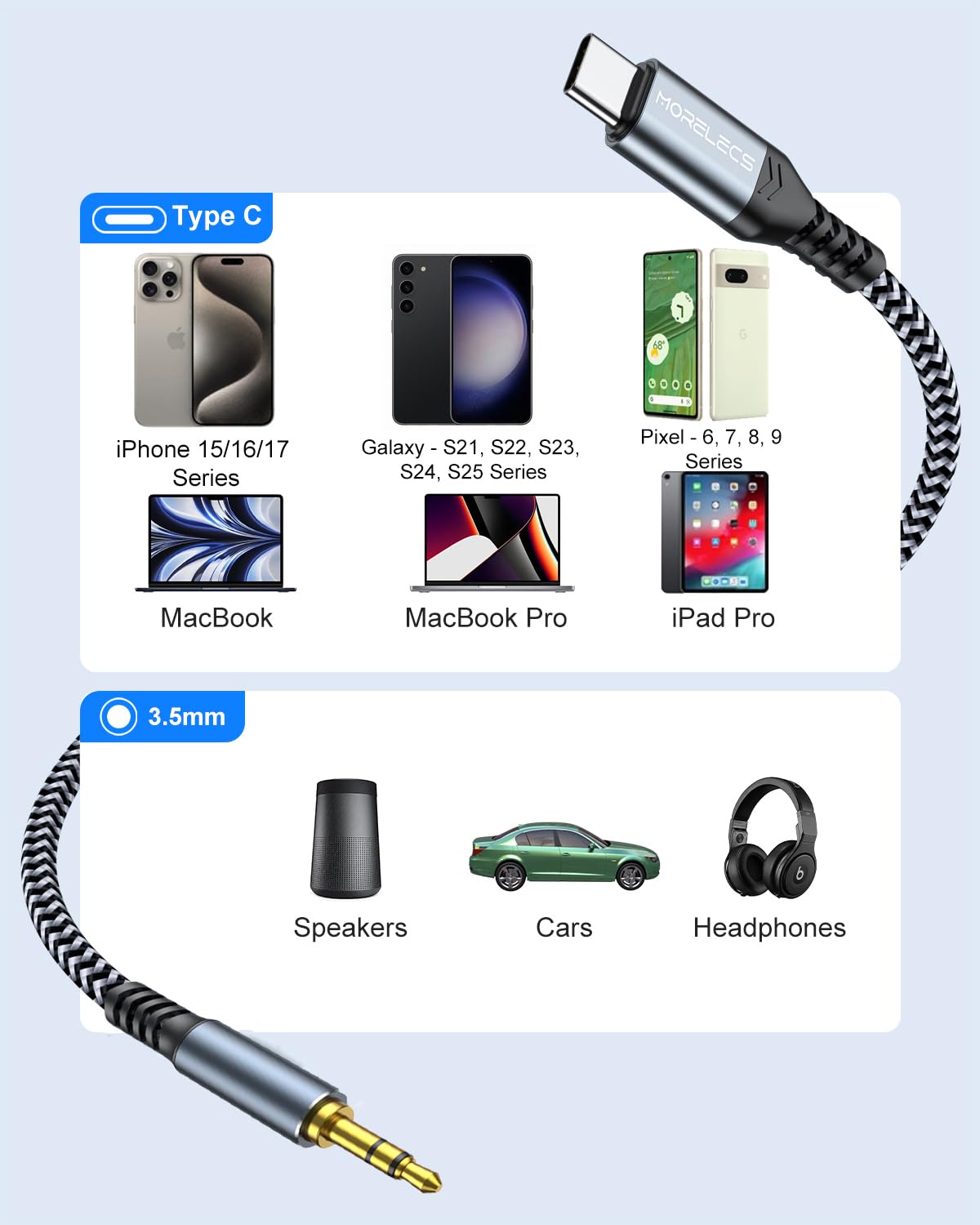 Aux to USB C, 3.3ft Aux Cord to USB C Compatible with iPhone 15/16/17, Galaxy S24/S23, iPad Pro, Pixel - Type C to 3.5mm Cord for Car, Headphones, Speakers