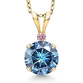 Gem Stone King 14K Yellow Gold Persian Blue Moissanite and Pink Lab Grown Diamond Pendant Necklace for Women | 0.82 Cttw | Gemstone Birthstone | Round 6MM | With 18 Inch Silver Chain