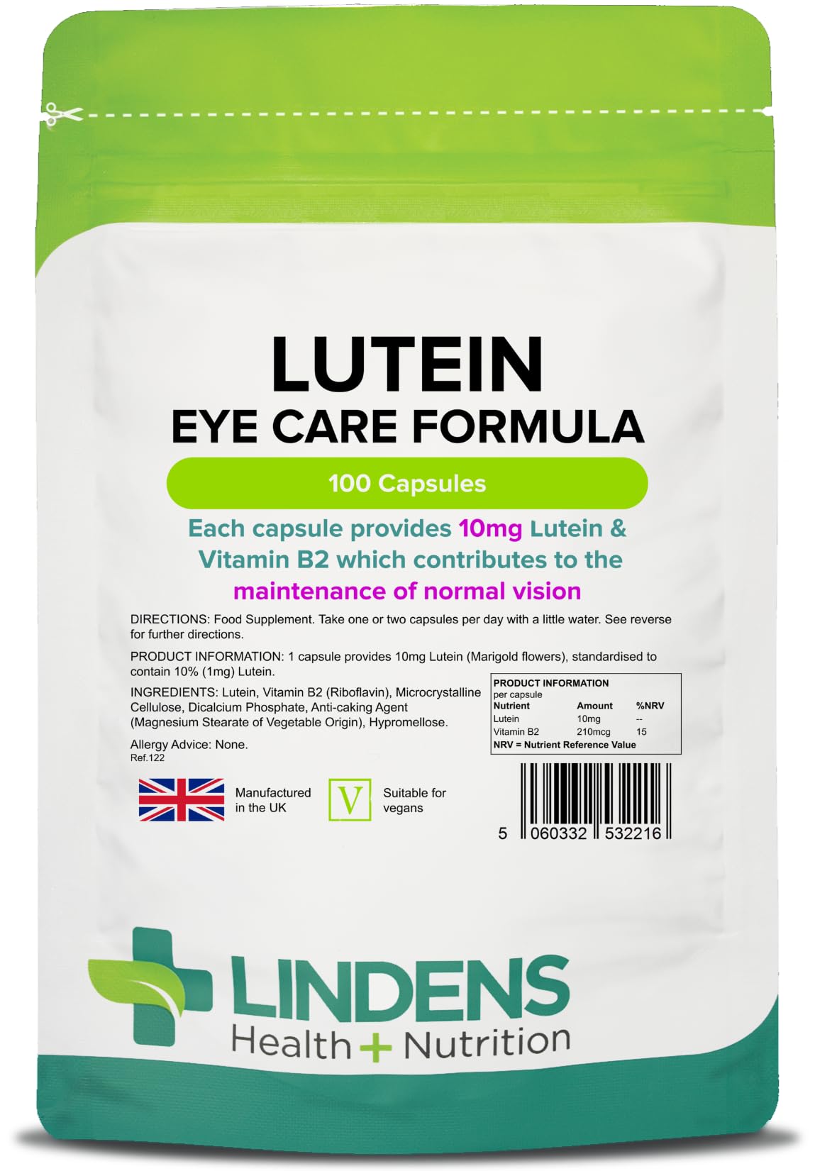 Lindens - Lutein 10mg, 100 Capsules - UK Made - Marigold Extract with Vitamin B2 - Vision & Eye Health, Standardised Potent Extract - Letterbox Friendly - Vegan
