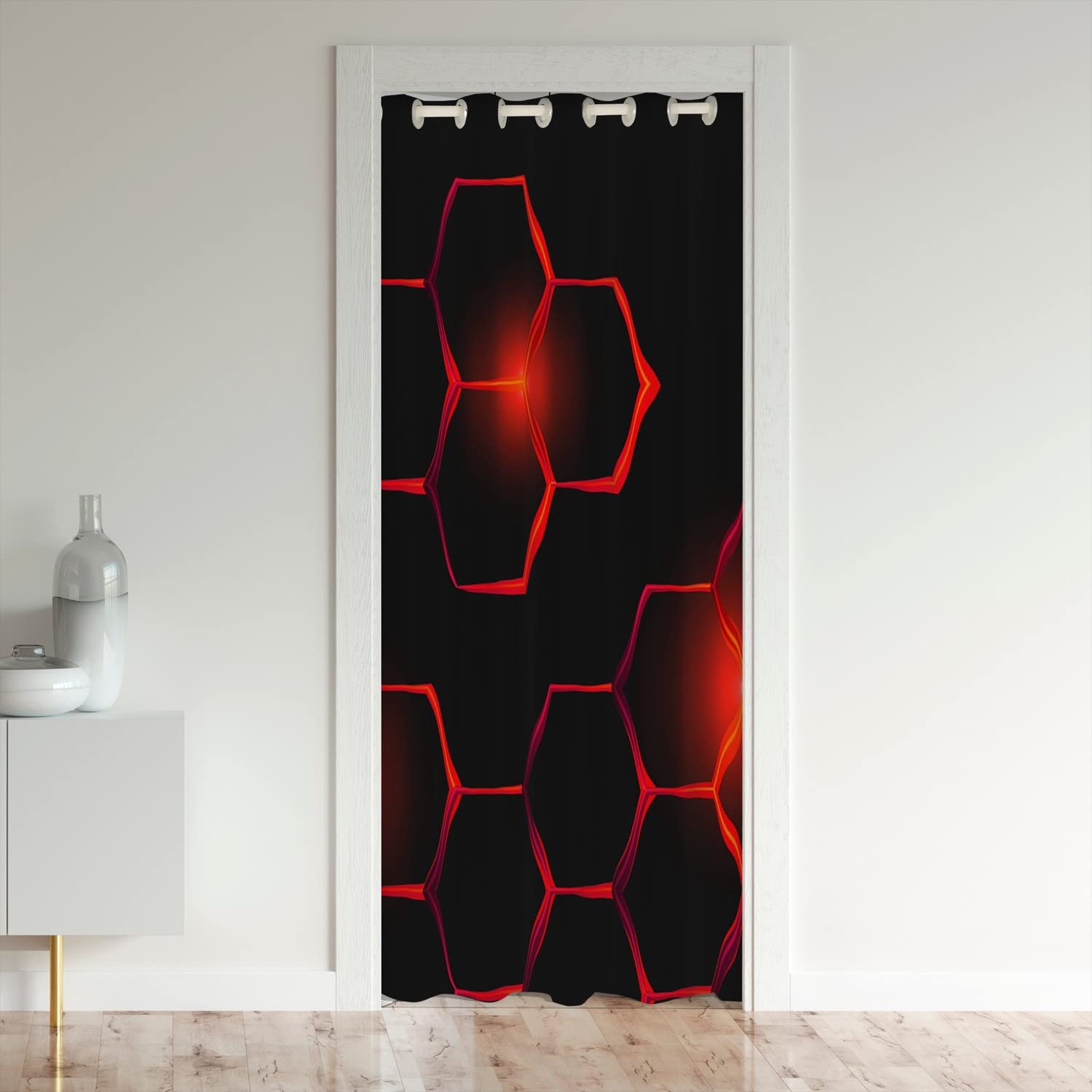 Loussiesd Honeycomb Closet Door Cover Curtain Modern Hexagon Theme Door Curtain for Doorway Privacy 132x203cm Decor Geometrical Room Divider Curtain Cover Beehive Red Black Window Treatments
