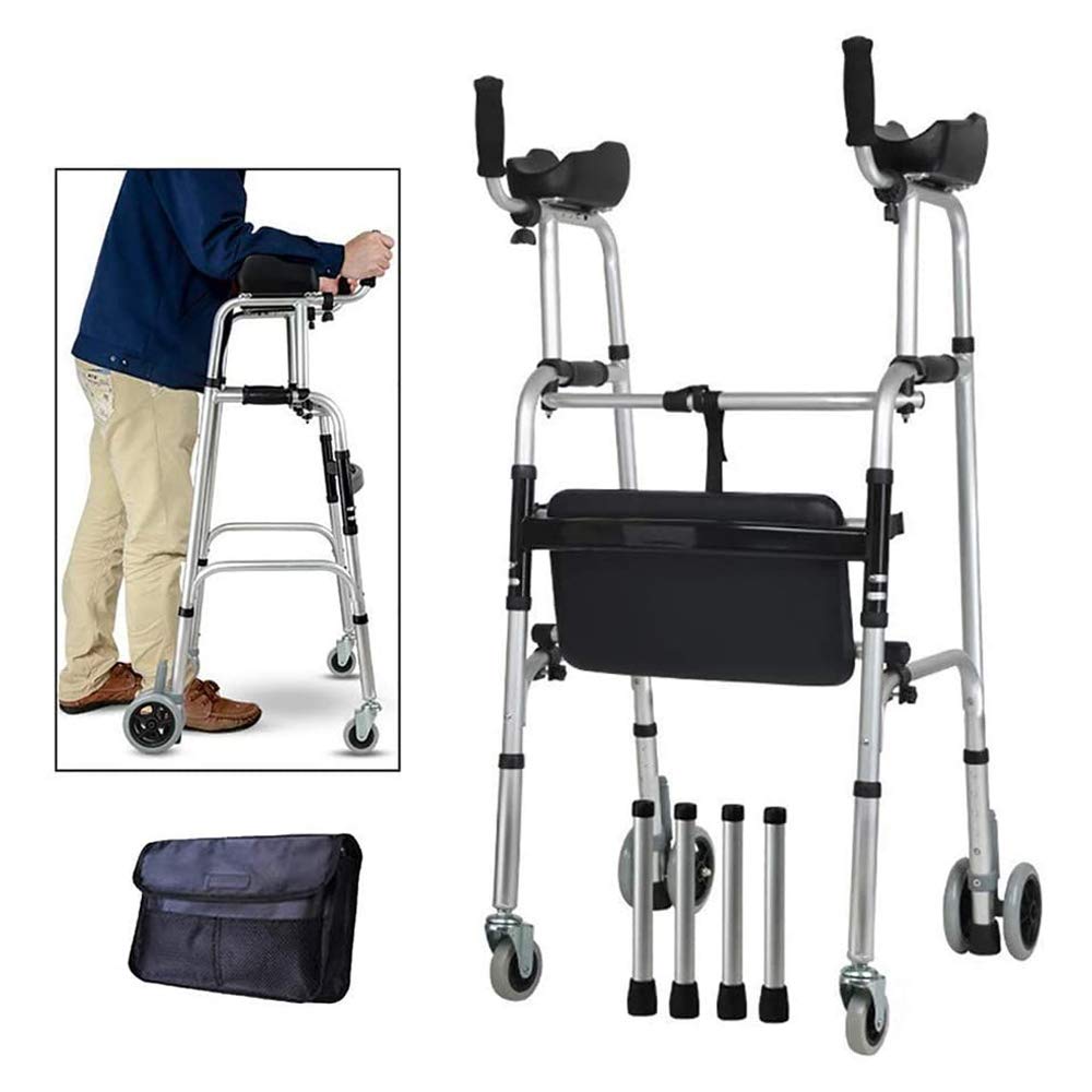 Wheel Walking Frame with Armrest Support Pad Thick Aluminum Alloy Rehabilitation Auxiliary Walking Frame Elderly Walking Aid Height Adjustable (with seat)