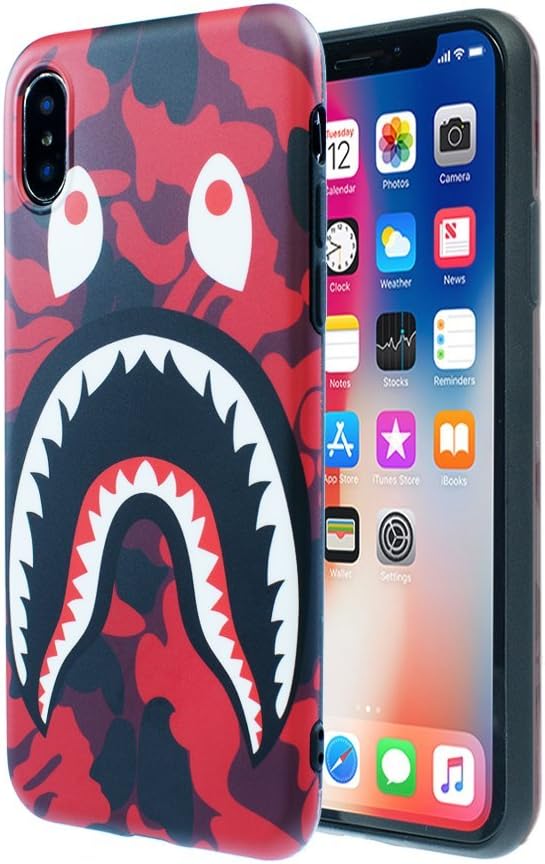 Case for iPhone Xs & iPhone X: Shark Face Case Street Fashion Luxury Flexible Durable Designer Protective TPU Cover/Bumper/Skin/Cushion with Wrist Strap (fits 5.8" iPhone Xs & X) (Red)