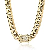 TRIPOD JEWELRY 14K REAL Gold Plated Miami Cuban Link Chain 316L Stainless Steel Necklace or Bracelet with Iced Out Diamond Clasp for Men Women(Custom Box and Pouch Packing, Christmas Gift)