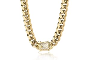 TRIPOD JEWELRY 14K REAL Gold Plated Miami Cuban Link Chain 316L Stainless Steel Necklace or Bracelet with Iced Out Diamond Clasp for Men Women(Custom Box and Pouch Packing, Christmas Gift)