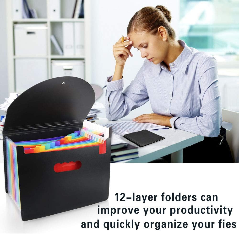 Accordian File Organizer, 12 Pockets Expanding File Folder with Expandable Cover, Portable Filing Box, Desktop Accordion Folders, Plastic Colored Paper Document Paperwork Receipt Organizer(A4/Letter Size) : Office Products