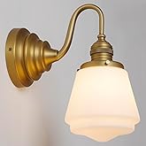 RUSTICBEAM Vintage Wall Sconce Antique Brass Gold Bathroom Vanity Light with Frosted Milk Glass Shade Indoor Hardwire Wall Mo