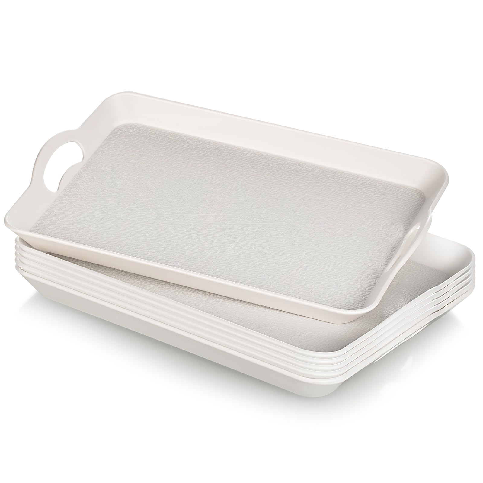 Photo 1 of 6 Pcs Serving Trays with Handles Trays for Eating 16 x 11 Inch Multi Purpose Plastic Tray Rectangular Anti Skid Decorative Food Tray for Restaurant Breakfast Countertop Party Kitchen (White)
