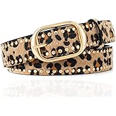 Bemous Leopard Print Waist Belt Gold Buckle Studded Belt Fashion Faux Leather Belts for Women