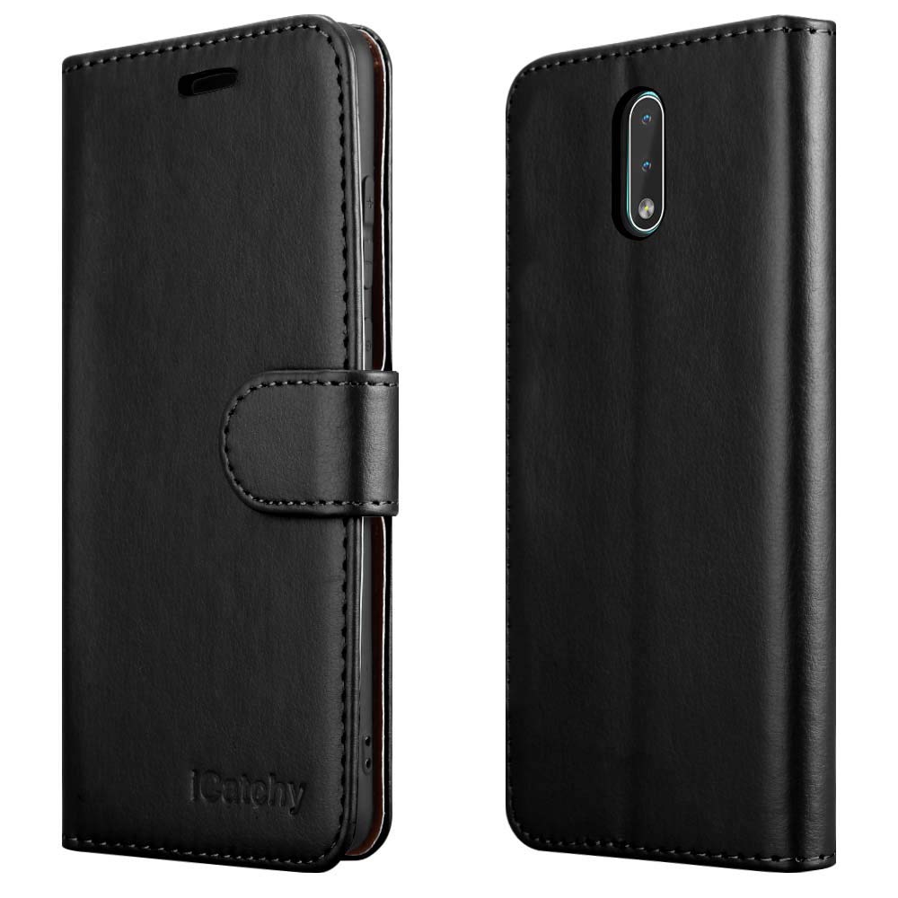iCatchy For Nokia 2.3 Case Leather Wallet Book Flip Folio Stand View Cover compatible for Nokia 2.3 Phone Case (Black)