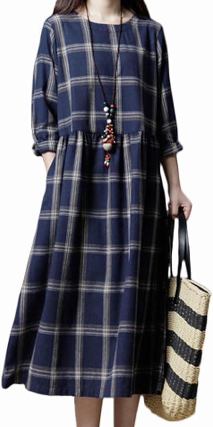 Amazon イノ Yino ワンピース チュニック レディース ロング丈 コットン 綿麻混 長袖 秋 冬 マキシワンピース 体型カバー 大きいサイズ ゆったり カジュアル チェック柄 Aライン 着痩せ 森ガール ワンピース チュニック 通販