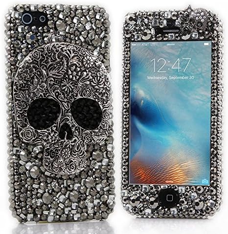 iPhone 7 Plus Bling Case - Fairy Art Luxury 3D Sparkle Series Front & Back Snap-on Hard Cover with Soft Wallet Purse Red Cloth Pouch (Big Skull Kito / Black)