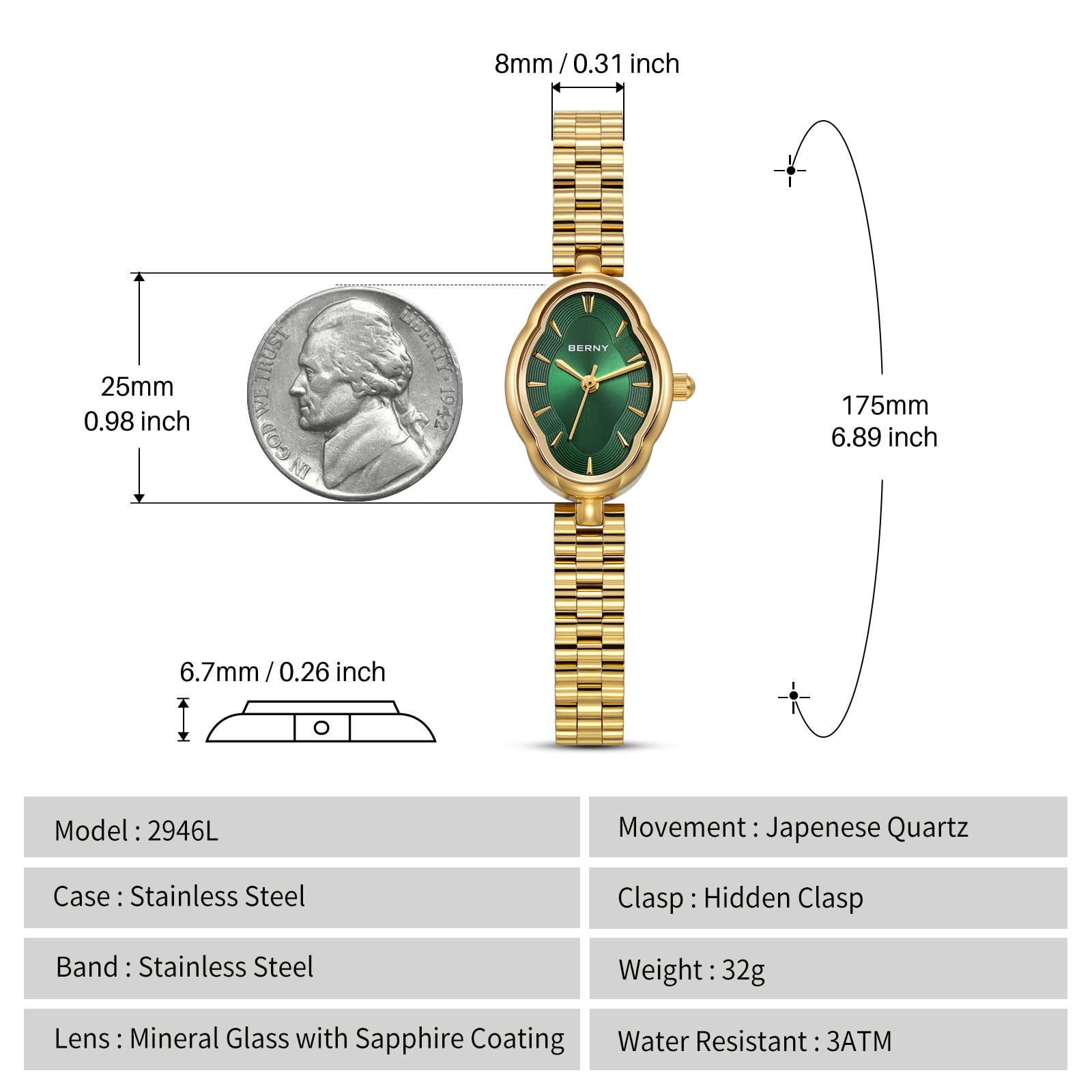 BERNY Gold Watches for Women Dainty Ladies Quartz Watch Vintage Copper Mirrors Shape Japanese Quartz Movement 3ATM Waterproof Fashion Female Wrist Watch Luxury Birthday Gifts