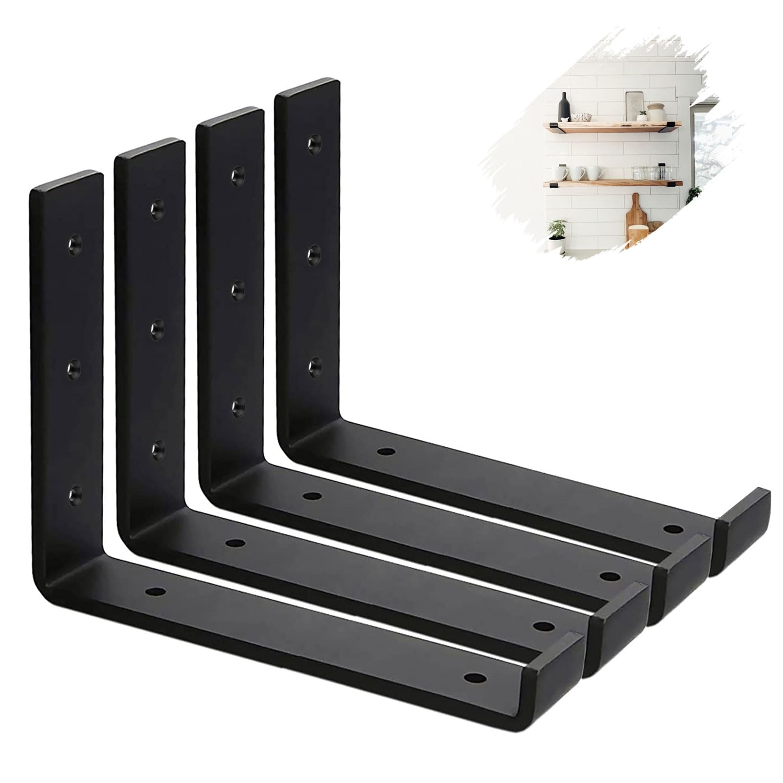 MLOQI 4 Pack Scaffold Board Shelf Brackets with Lips, 5mm Thick Heavy Duty L Wall Brackets for Shelves, Black Industrial Shelves Support (9"x6"/22.5cm x 15cm)