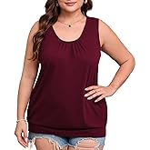 CARROTMOB Women's Plus Size Summer Tank Tops Loose Fit Pleated Crew Neck Sleeveless Tops with Banded Bottom for Curvy Women