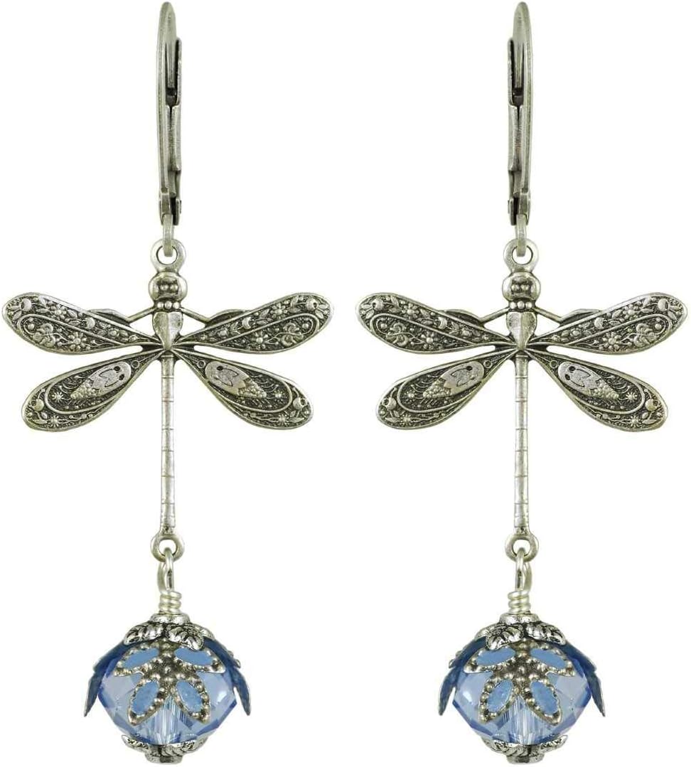 NoMonet Hand Painted Victorian Earrings - Dragonfly Daze in Silver and Blue
