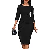 Bdwinz Fitted Work Dresses for Women 3/4 Sleeve Bodycon Ruffle Vintage Pencil Midi Dress