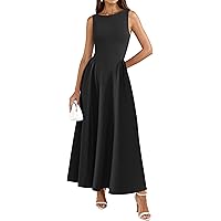 Women Spring Elegant Sleeveless Pleated Midi Tank Lace-Up Dresses Black S  at Amazon Women's Clothing store