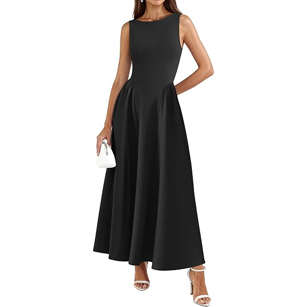 Women Spring Elegant Sleeveless Pleated Midi Tank Lace-Up Dresses Black S  at Amazon Women's Clothing store