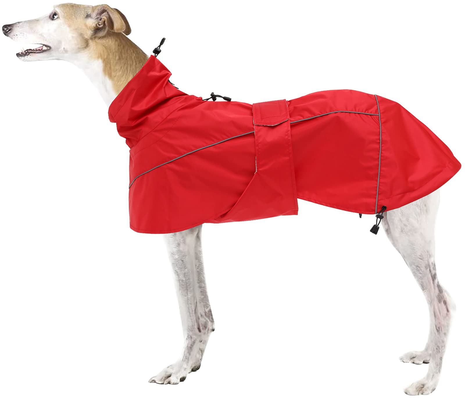 Greyhound Lurcher Raincoat, Whippet Rain Gear with Reflective Bar, Rain/Waterproof, Adjustable Bands and drawstring in Autumn and winter - Red - Xlarge