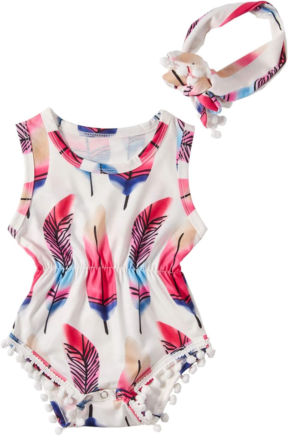 UNICOMIDEA Newborn Toddler Baby Girl Tassel Romper Bodysuit Floral Sleeveless Jumpsuit Outfit Set Match Headband