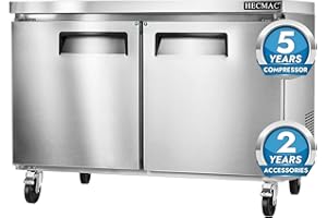 HECMAC 48" Commercial Freezer, 12.96 Cu.ft Worktop Undercounter Fridge with 2 Solid Door, -8~0℉, 18-8 Stainless Steel Interior, ETL&NSF/ANSI 7 for Restaurant, Bar, Shop, Kitchen Use