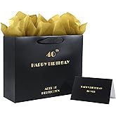 HAHZY 40th Birthday Gift Bag, Black Gold Paper Gift Bag with Tissue Paper and Greeting Card for Birthday Party, Happy Bithday Gift Bags for Men Women Birthday, 12.6"" Medium Gift Bags (40th)