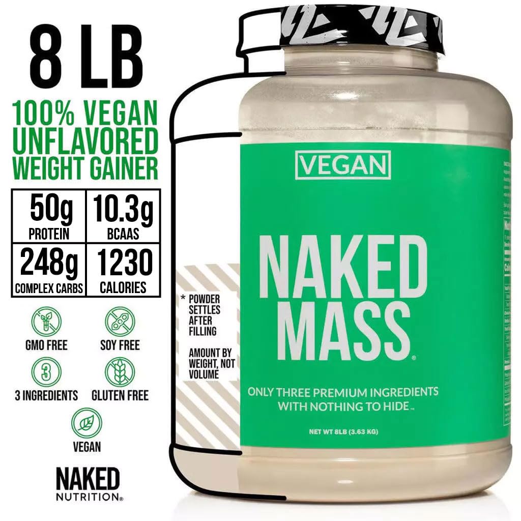 NAKED Vegan Mass - Natural Vegan Weight Gainer Protein Powder - 1,230 Calories, Non-GMO, Soy & Gluten Free, No Artificial Ingredients - 8LB Bulk - 11 Servings