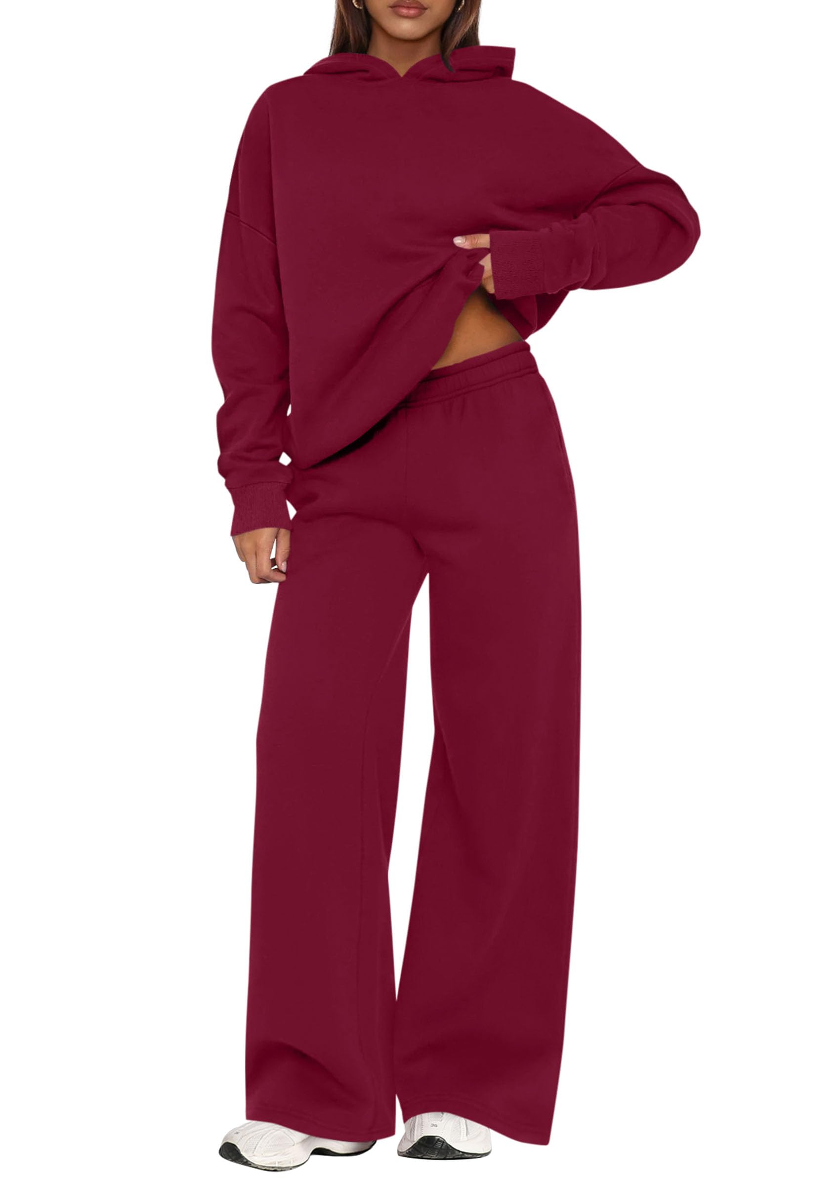 Photo 1 of ****TWO PCS ON THE BAG****PRETTYGARDEN Womens Sweatsuits 2 Piece Set 2025 Casual Winter Long Sleeve Hoodie Loose Wide Leg Sweatpants Fall Tracksuit (Wine Red,Medium)