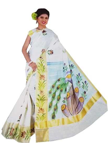 Womens Designer Cotton Kerala Traditional Saree with Golden Border