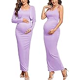 AISWI Spaghetti Strap Maternity Dress 2 Piece Cropped Cardigan Set Ruched Bodycon Maxi Pregnancy Dresses Baby Shower Fall