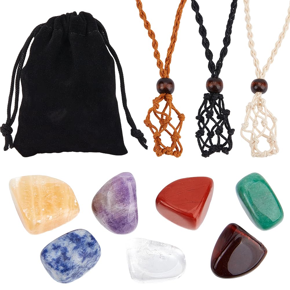 Beebeecraft 1 Box 7Pcs Crystal Necklace Holder Reiki Stone Set Irregular Natural Stones Adjustable Waxed Cord Cage No Hole Gemstone Chakra Crystals for Jewelry Making Wrapped Pendants DIY Crafts