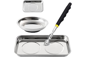 Rechabite 3 Pieces Magnetic Trays with 8LBs Telescoping Magnetic Pick-up Tool Set, 9.5" and 3.7" Rectangle, 6" Round Bowl Stainless Steel Magnet Parts Tray for Screws, Mechanic's