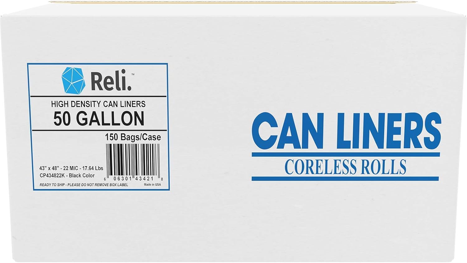 Reli. Premium 50 Gallon Trash Bags Heavy Duty, Black (150 Count) Tough 45 Gallon - 50 Gallon Garbage Bags (Made in USA) 35 Gal - 39 Gal - 40 Gal Compatible, Black Trash Bags/Can Liners for 45-50 Gal