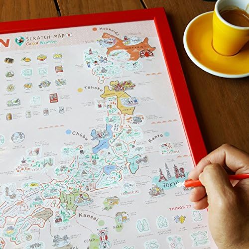 Good Weather: Japan scrub map with the unique cartoon countries icons free scrub pen -17x13 inches