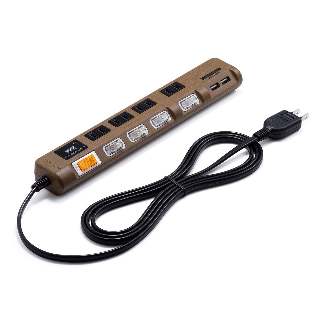 サンワダイレクト 電源タップ USB付き 2m 4個口 個別・一括 スイッチ 雷ガード ほこりシャッター 木目 ダークブラウン ＜PSE取得＞ 700-TAP042DBRM商品画像