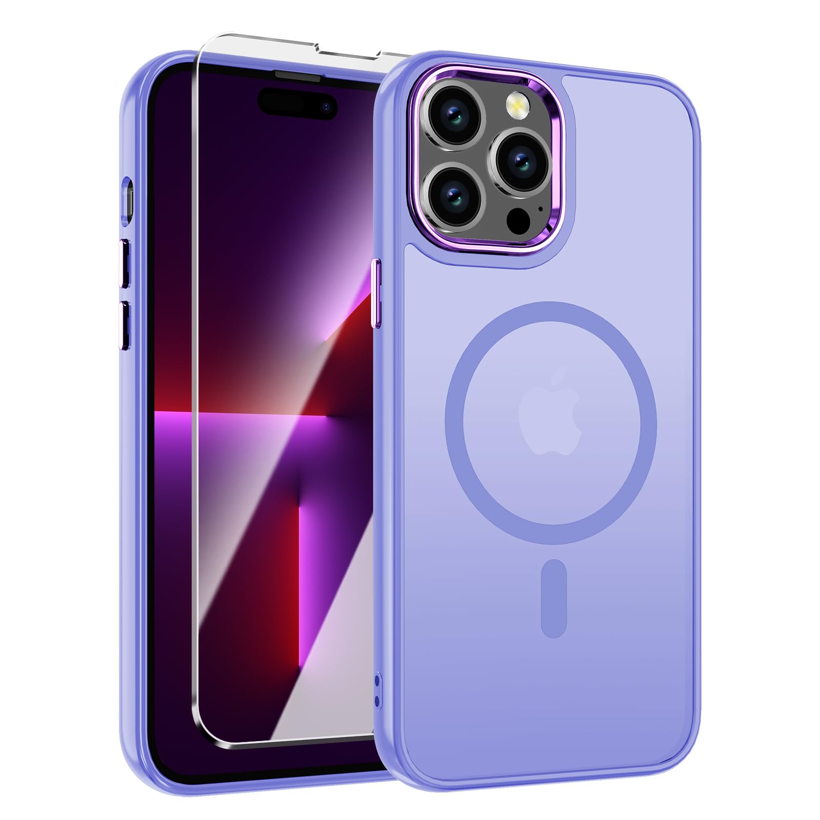 Photo 1 of WRJ Case for iPhone 14 Pro Max with Screen Protector, Magnetic Translucent Phone Case for Women Men [Compatible with Magsafe] Slim Anti-Fingerprints Shockproof Protective Cover-Light Purple
