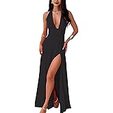 xxxiticat Women's Sleeveless Maxi Dress Deep V Neck High Split Halter Neck Open Back Backless Slit Summer Holiday Dress