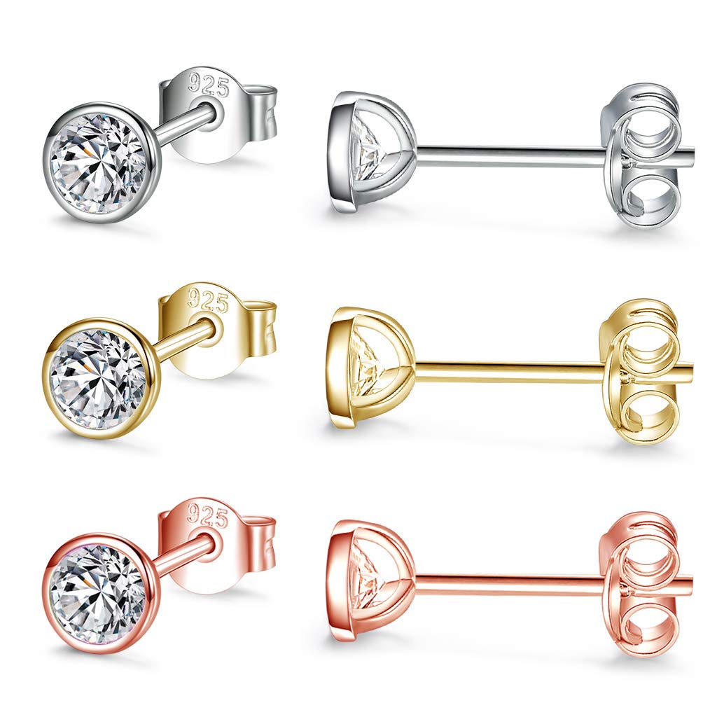 CERSLIMO Silver Stud Earrings for Women Men Girls, 3 Pairs Sterling Silver Tiny Round Stud Earrings Small Dainty Cartilage Tragus Cubic Zirconia Earrings Set (4mm, Silver/Gold/Rose Gold)