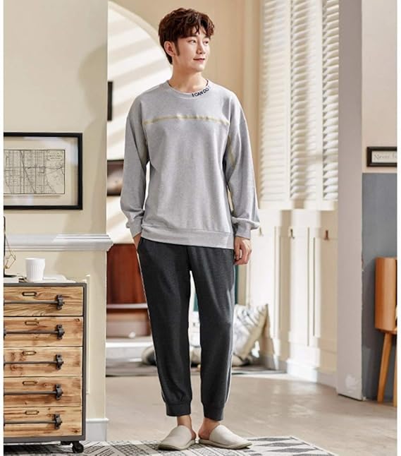 Amazon Co Jp メンズ パジャマ ルームウェア ナイトウェア 綿 コットン 肌触り 柔らかい 長袖 長ズボン 上下セット 丸首 カジュアル スポーティー 快適 薄手 春秋冬 部屋着 寝巻き おしゃれ シンプル グレー 服 ファッション小物