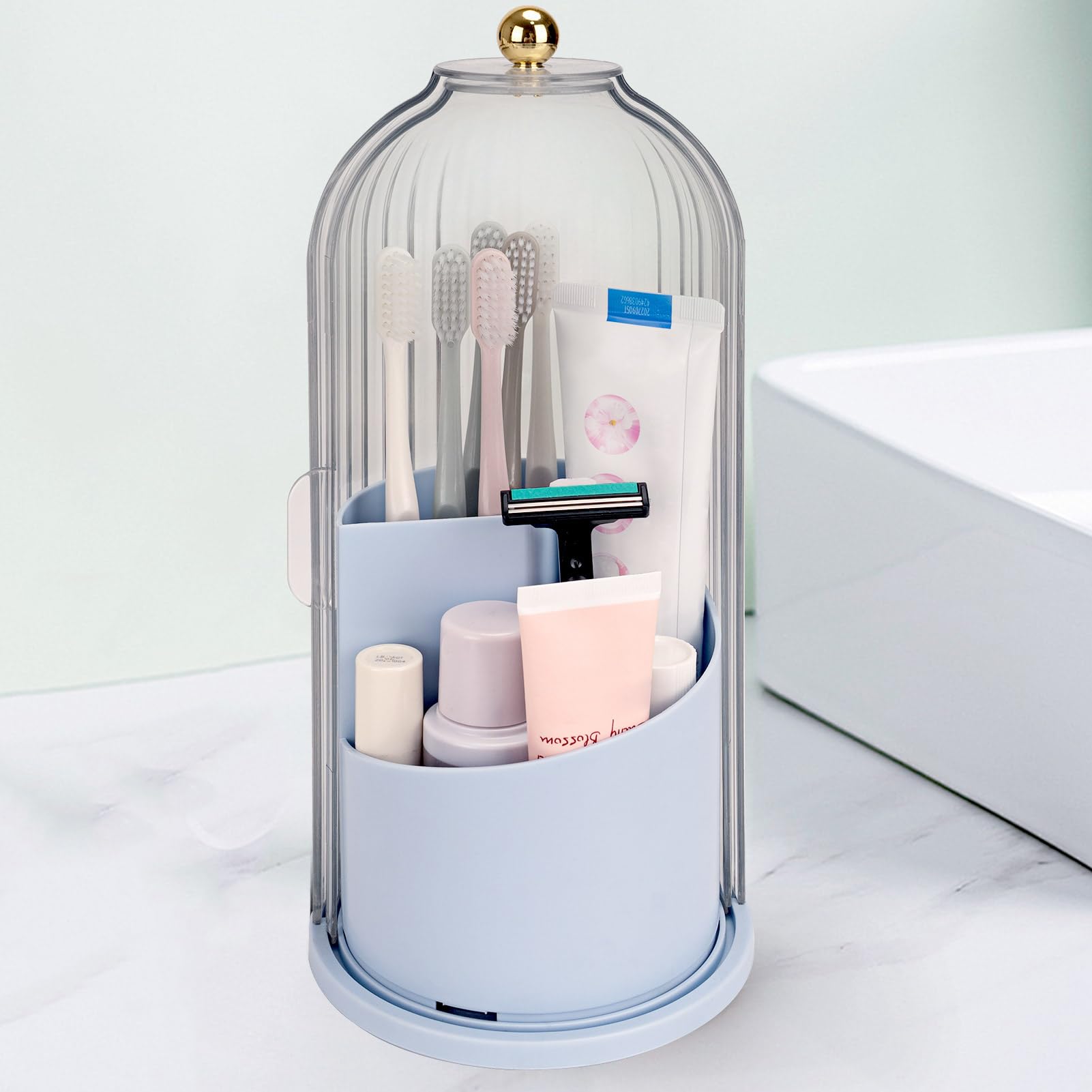 QIYVLOS Toothbrush Holders with Sliding Lid, Rotating 3 Slots Bathroom Organizer Countertop, Tooth Brush Toothpaste Holder Bathroom Counter Stand Sink Organizer Caddy for Makeup Brushes Holder (Blue)