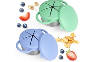 2 Pack Snack Cups for Toddlers Spill Proof - Detachable Stainless Steel Toddler Snack Cups with Silicone Lids & Handles (Blue